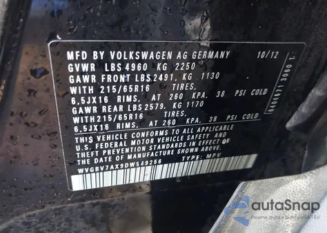 2013 Volkswagen Tiguan S z USA, uszkodzony, nr VIN WVGBV7AX9DW549256